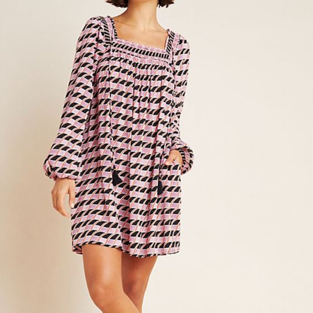 Maeve Pink and Black Long Sleeve Printed Mini Dress